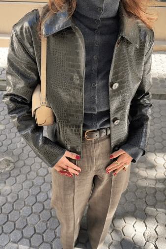 SOKYND Ava Crocodile Embossed Leather Jacket JacketSOKYND-470679-GRE-S-12311GreenS