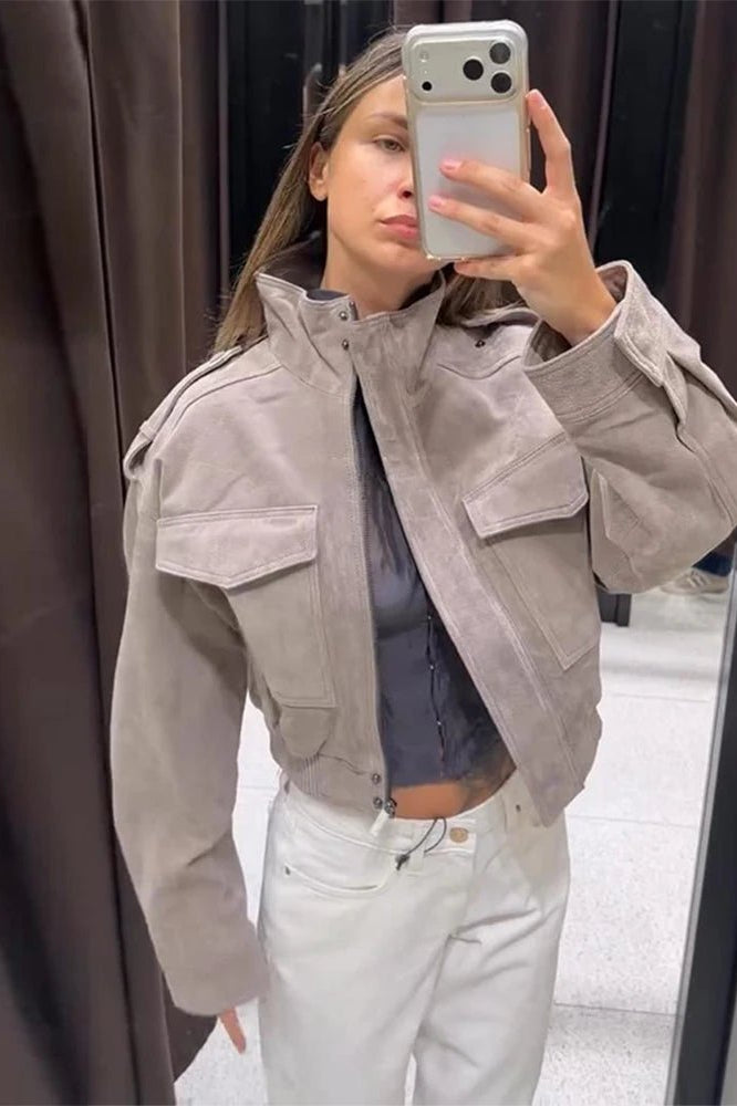 SOKYND Ava Suede Cropped Stand Collar Jacket JacketSOKYND-822167-GRE-L-82231GreyL
