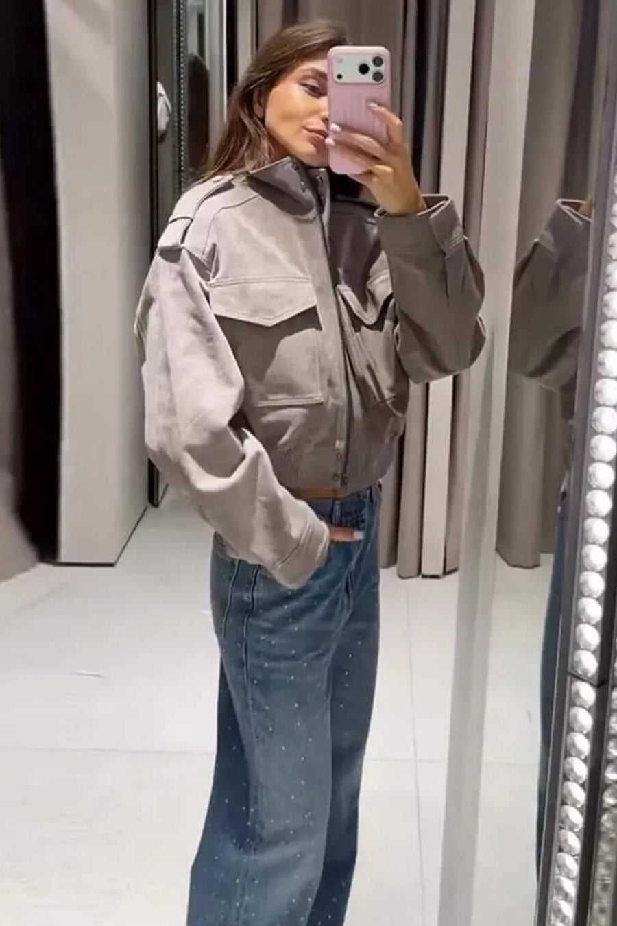 SOKYND Ava Suede Cropped Stand Collar Jacket JacketSOKYND-822167-GRE-M-49463GreyM