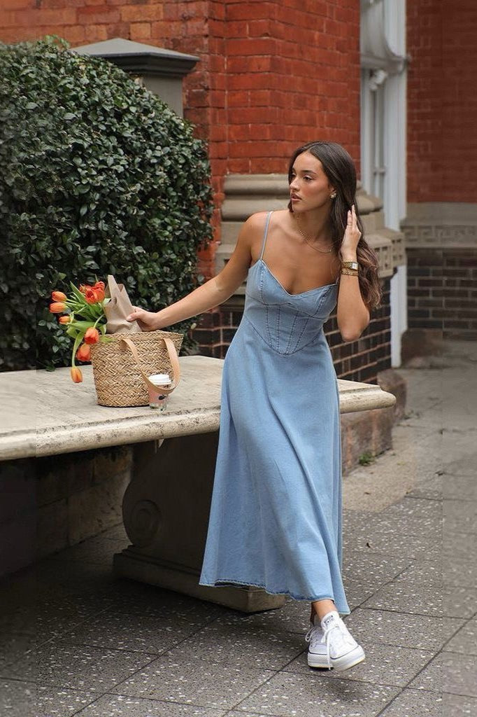 SOKYND Aviana Corset Denim Midi Dress DressM