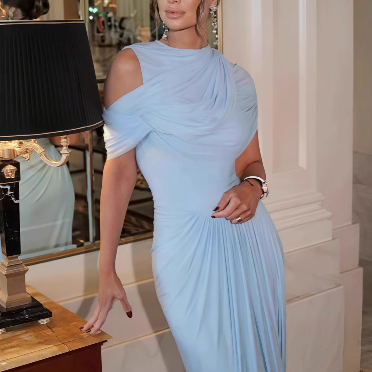 SOKYND Caprice Shawl Collar Ruffle Maxi Dress DressesOe1774526245051035317Light BlueS