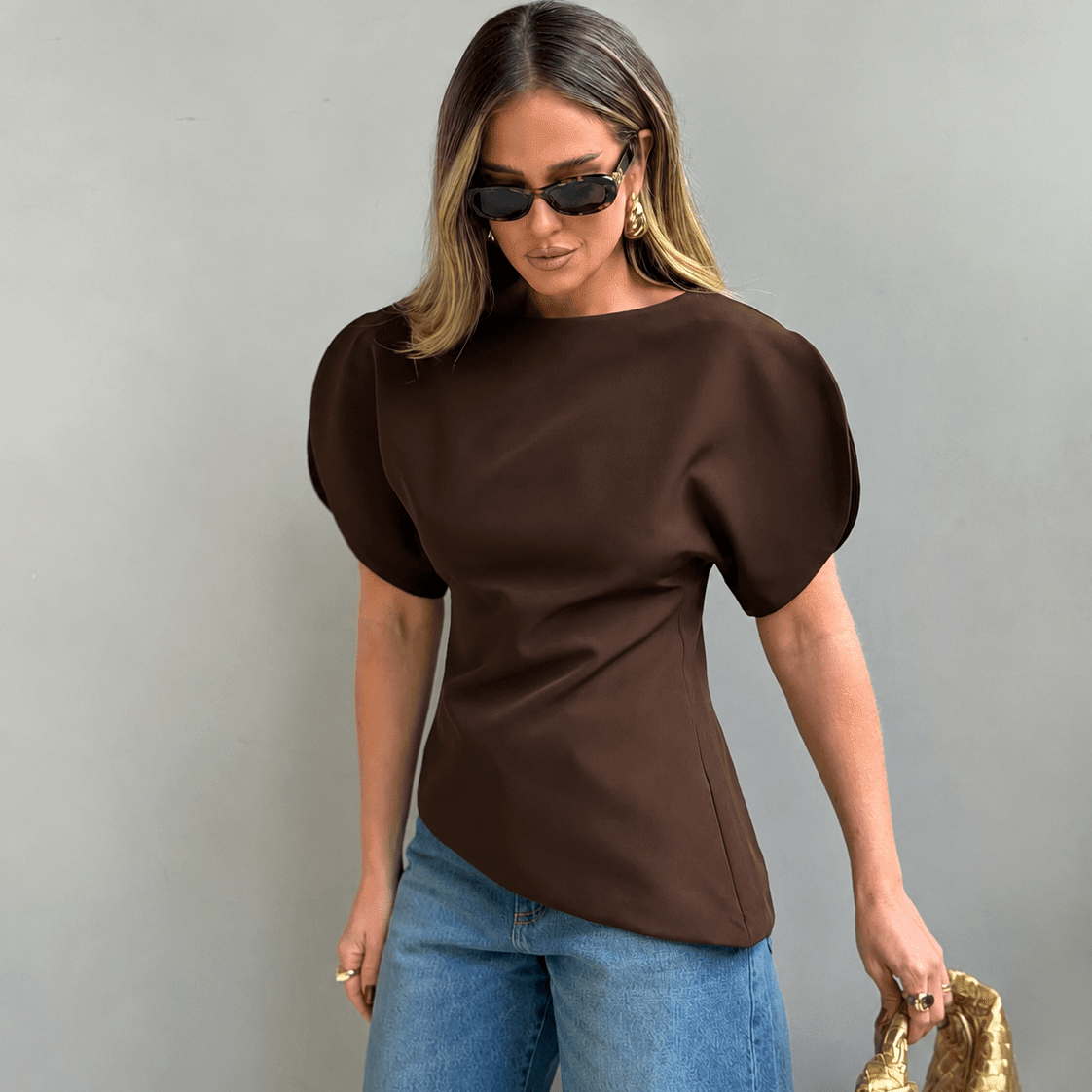 SOKYND Carmen Tricot Balloon Sleeve Top TopSOKYND-611351-BRO-S-54135BrownS