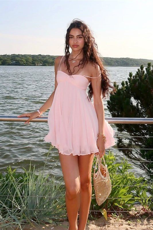 SOKYND Demetra Off Shoulder Chiffon Mini Dress DressPinkS