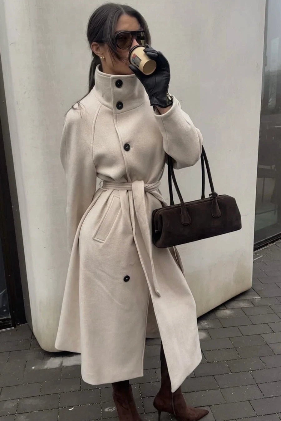 SOKYND Dolly Long Belted High Collar Coat Coats & JacketsBeigeS