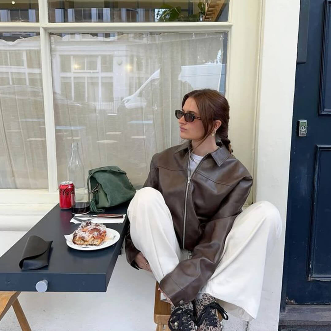 SOKYND Eliana Leather Moto Jacket Coats & JacketsBrownL