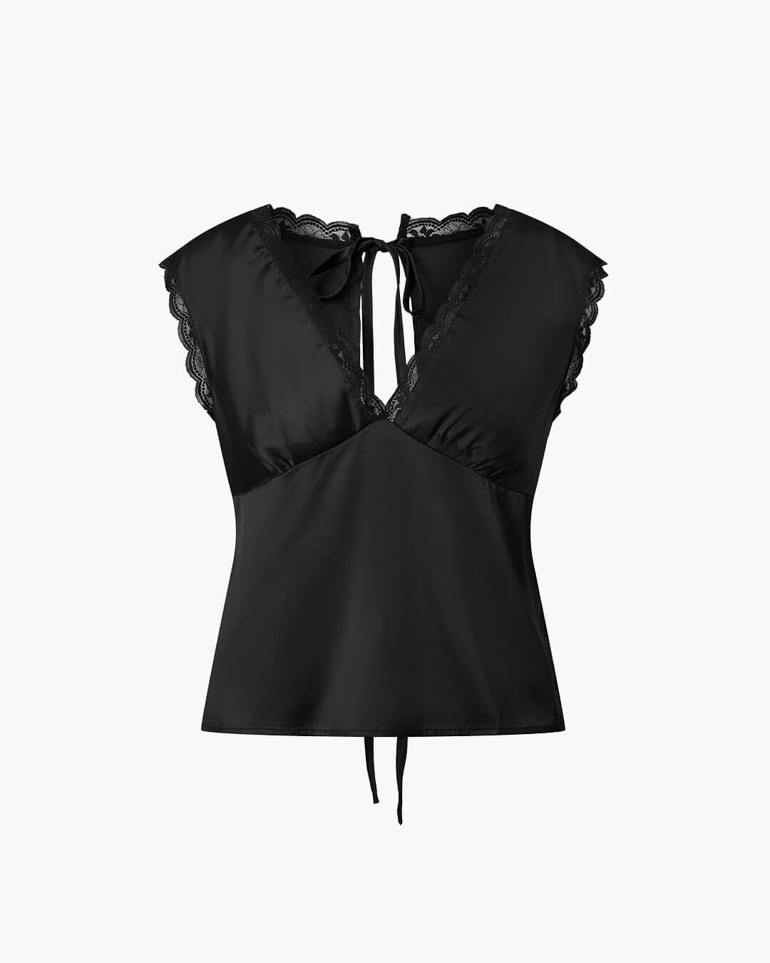 SOKYND Francine Deep Neck Satin Top in Black
