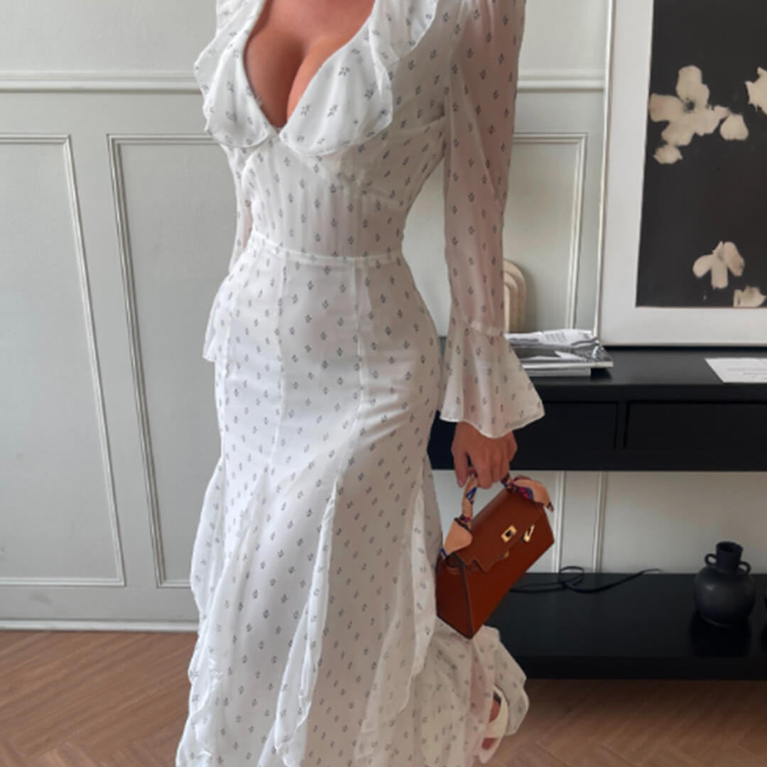 SOKYND Gloria Flared Sleeve Ruffle Maxi Dress DressWhiteS
