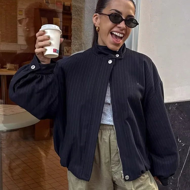 SOKYND Honora Pinstripe Bomber Jacket Coats & JacketsSOKYND-104343-DAR-XS-95031Dark Blue StripeXS