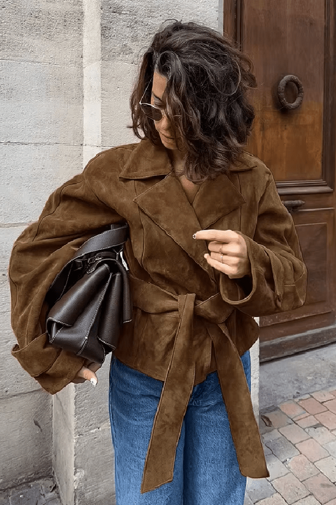SOKYND Joanna Faux Suede Belted Wrap Jacket JacketSOKYND-270231-BRO-M-90455BrownM