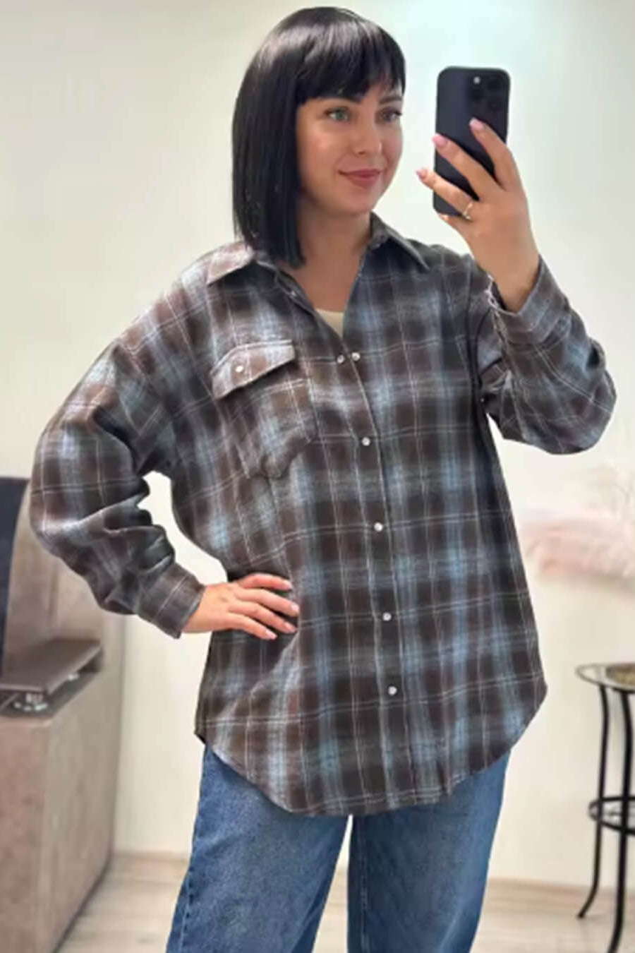 SOKYND Karen Oversized Plaid Shirt BlouseSOKYND-709143-GRA-O-62615Gray BlueOne Size