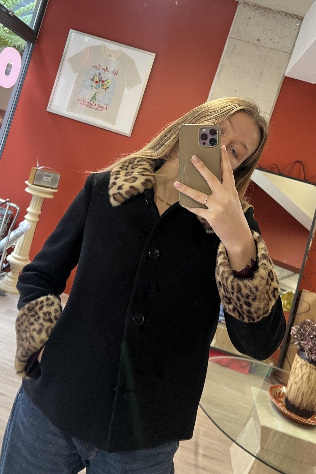 SOKYND Laura Leopard Faux Fur Trim Button-Up Jacket JacketSOKYND-626455-BLA-L-72567BlackL