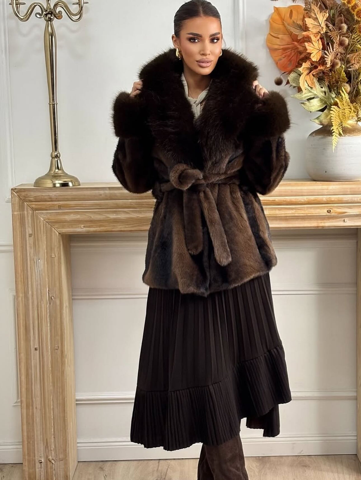 SOKYND Leslie Faux Fur Coat in Coffee