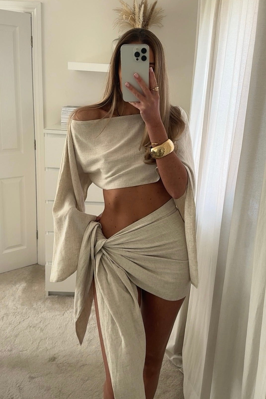 SOKYND Lucia Linen Sarong & Off - Shoulder Top Set Matching SetsCO1772580086487920651BeigeS
