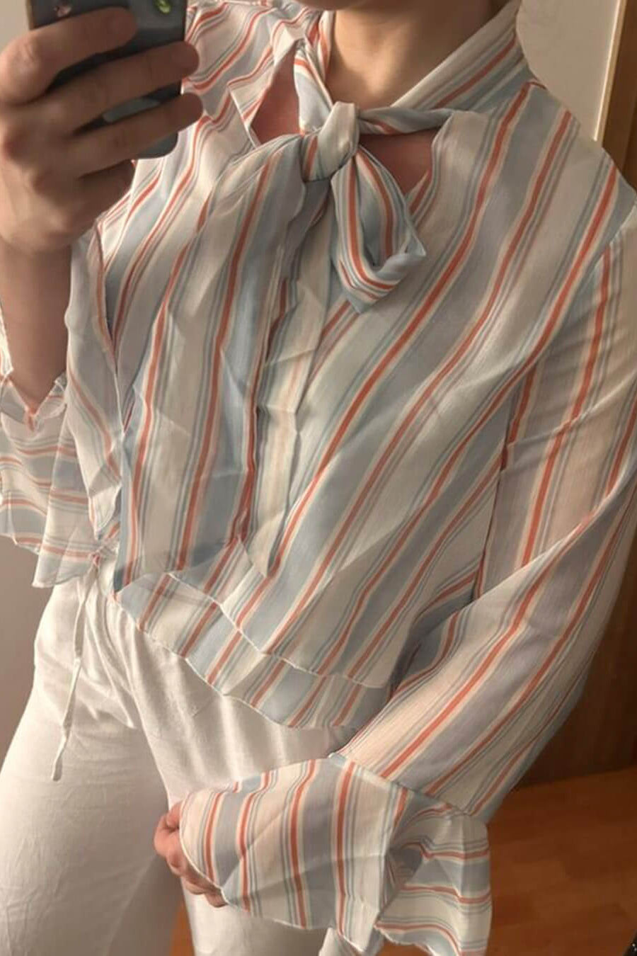 SOKYND Lucy Stripe Ruffle Tie-Neck Blouse BlouseSOKYND-524311-LIG-S-59287Light BlueS