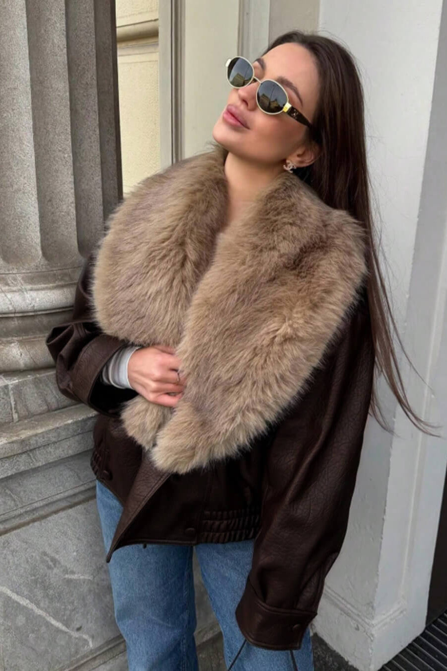SOKYND Merriame Faux Leather Jacket with Detachable Fur Collar Coats & JacketsIm1767625273836038681BrownM