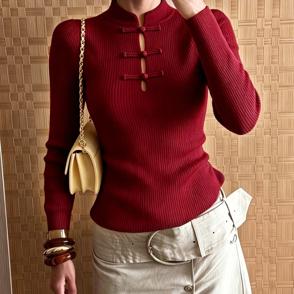 SOKYND Naomi Mandarin Collar Ribbed Knit Top TopSOKYND-389463-RED-XS-89751RedXS