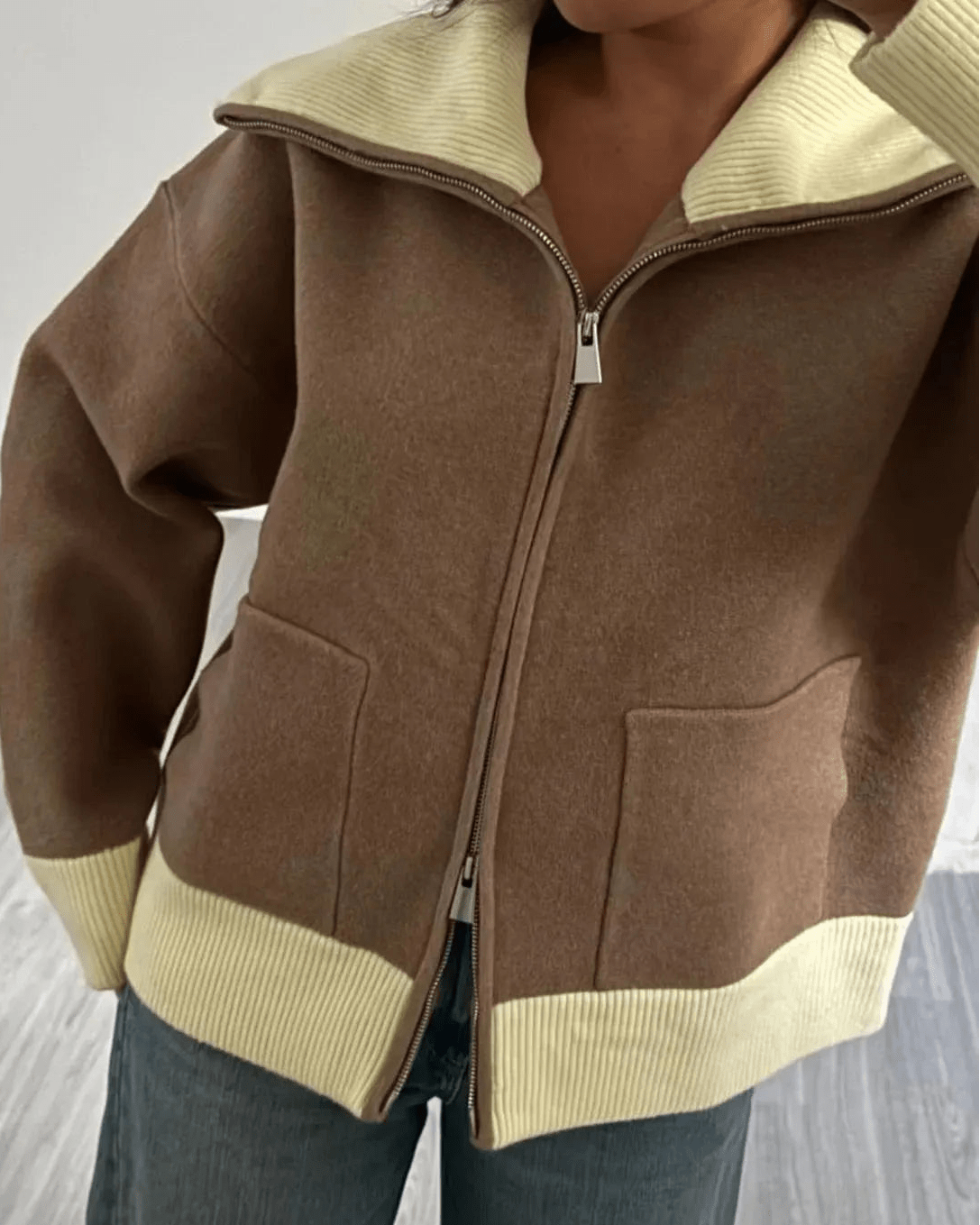 SOKYND Natalie Contrast Zip-Up Knit Cardigan CardiganSOKYND-498583-L-OS-48215L