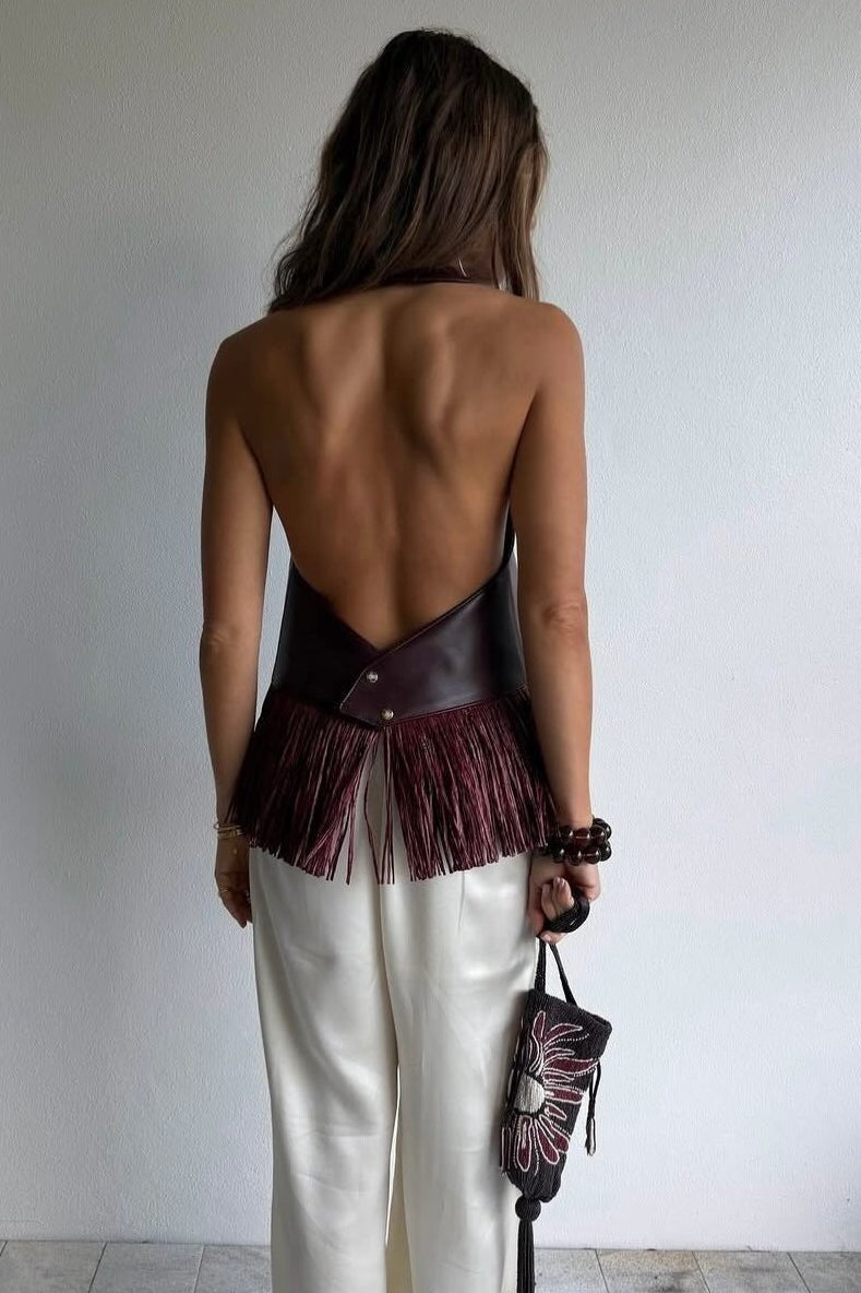 SOKYND Nicole Faux Leather Fringe Halter Top TopSOKYND-728535-BUR-S-64951BurgundyS