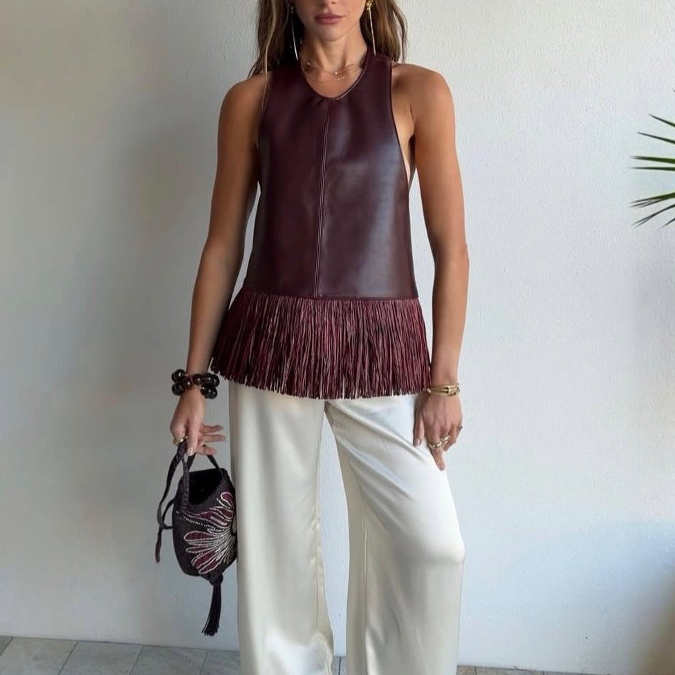 SOKYND Nicole Faux Leather Fringe Halter Top TopSOKYND-728535-BUR-S-64951BurgundyS