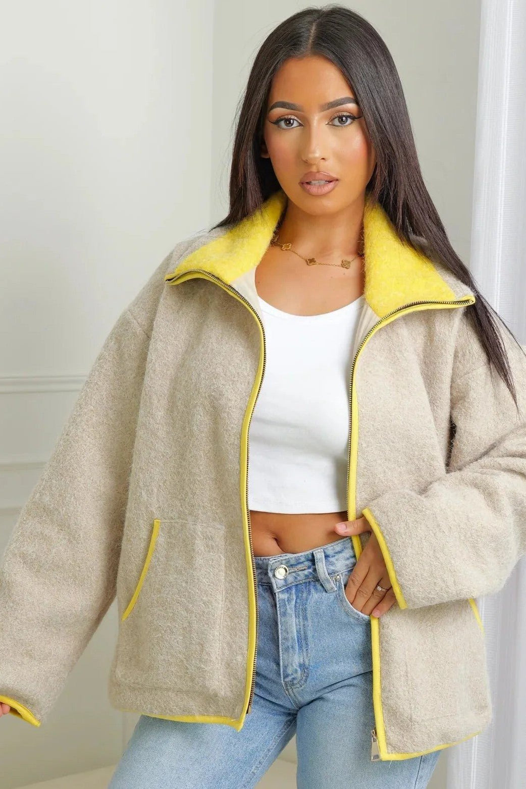 SOKYND Ruby Stand Collar Contrast Knit Pilot Jacket JacketSOKYND-339351-GRE-S-04887GreyS