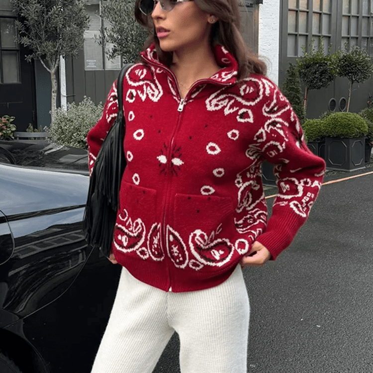 SOKYND Ruth Paisley Zip-Up Knit Jacket JacketSOKYND-675863-BUR-S-47415RedS