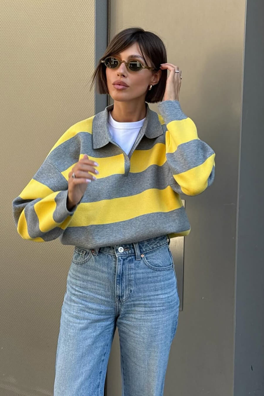SOKYND Sabine Striped V - Neck Knit Pullover TopS