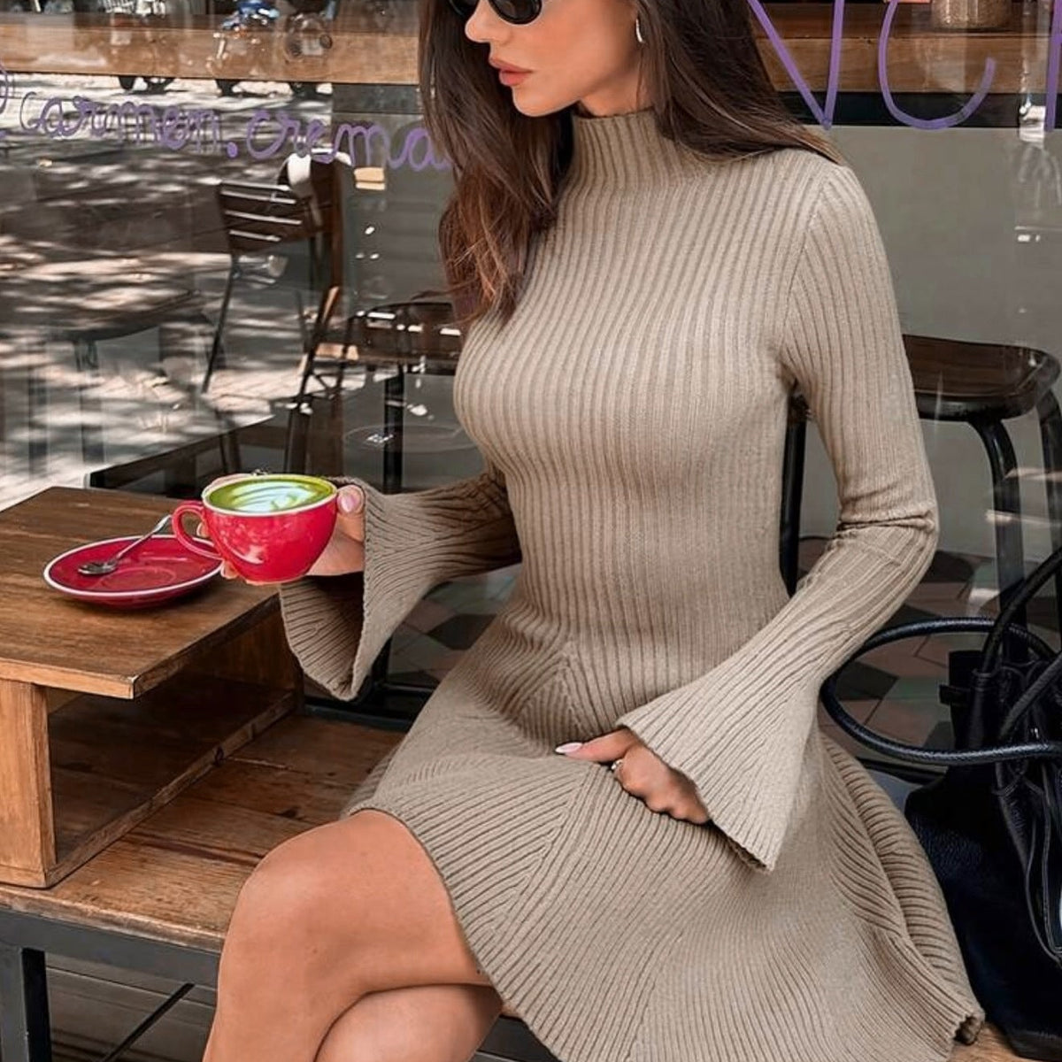 SOKYND Sara Bell Sleeve Ribbed Knit Sweater Dress DressSOKYND-154903-BEI-XS-29463BeigeXS