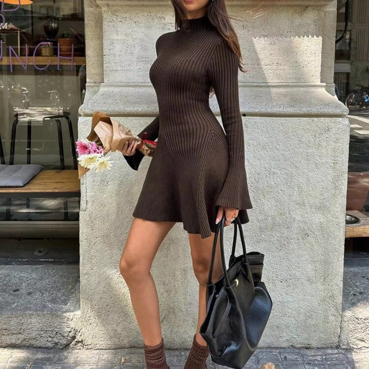 SOKYND Sara Bell Sleeve Ribbed Knit Sweater Dress DressSOKYND-154903-BRO-XS-93303BrownXS