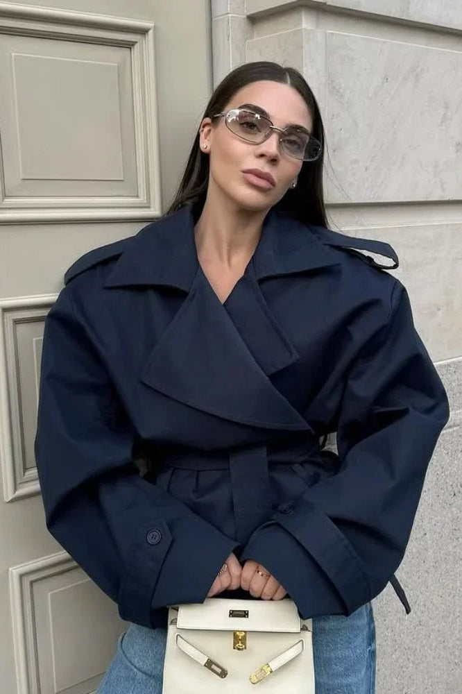 SOKYND Violy Belted Cropped Trench Coat Coats & JacketsFl1774219786681031883Dark BlueXS