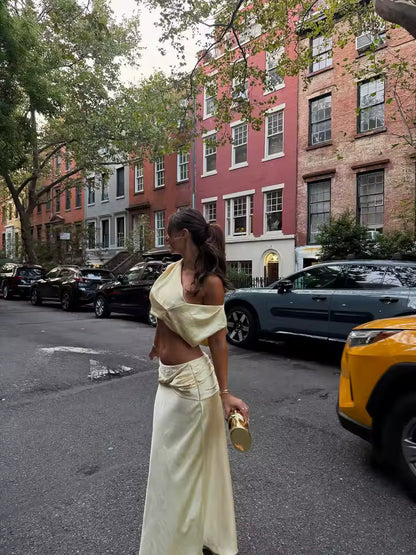 Sienna Satin Pleated Crop Top & Skirt Set