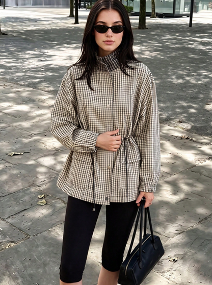 Amelia High-Neck Plaid Jacket