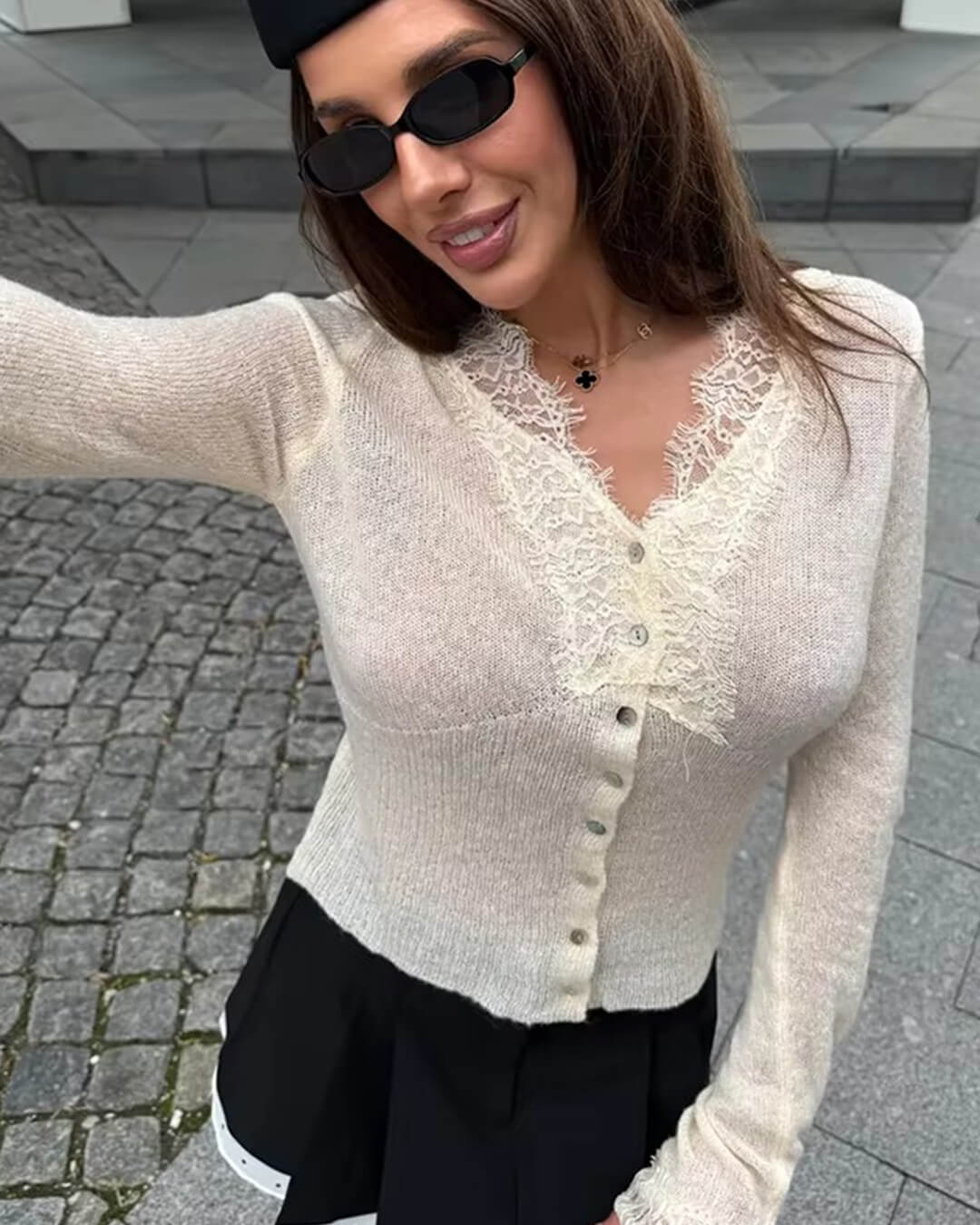 Alicia V-Neck Lace Trim Cardigan