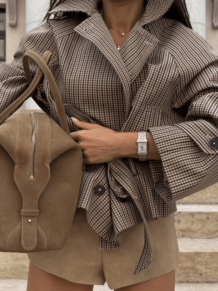 Nina Plaid Funnel Collar Trench Coat
