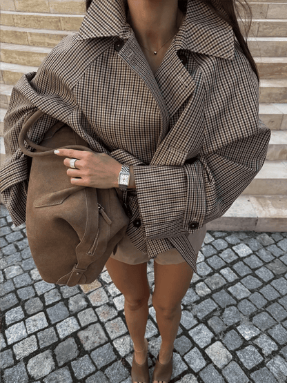Nina Plaid Funnel Collar Trench Coat