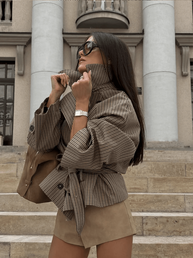 Nina Plaid Funnel Collar Trench Coat