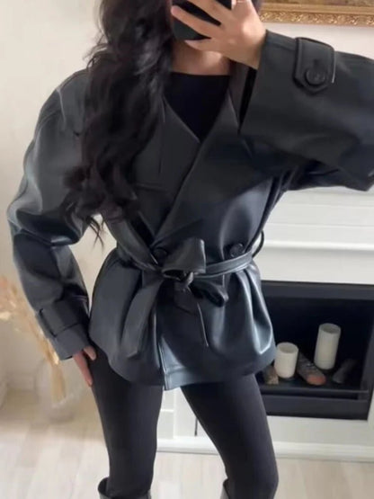 Rose Faux Leather Lace-Up Trench Coat