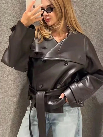 Rose Faux Leather Lace-Up Trench Coat