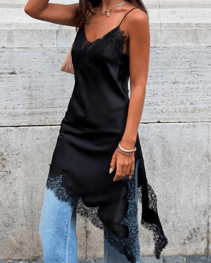 Gemma Asymmetric Satin Lace Midi Dress
