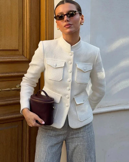 Angela Stand Collar Flap Pockets Blazer