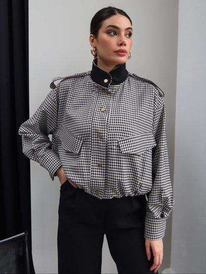 Emma High Neck Checked Bomber Jacket