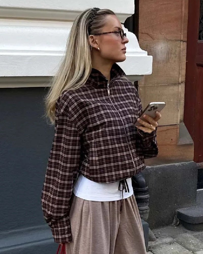 Eva High Collar Checked Zip Jacket