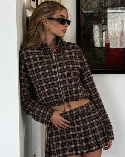 Eva High Collar Checked Zip Jacket
