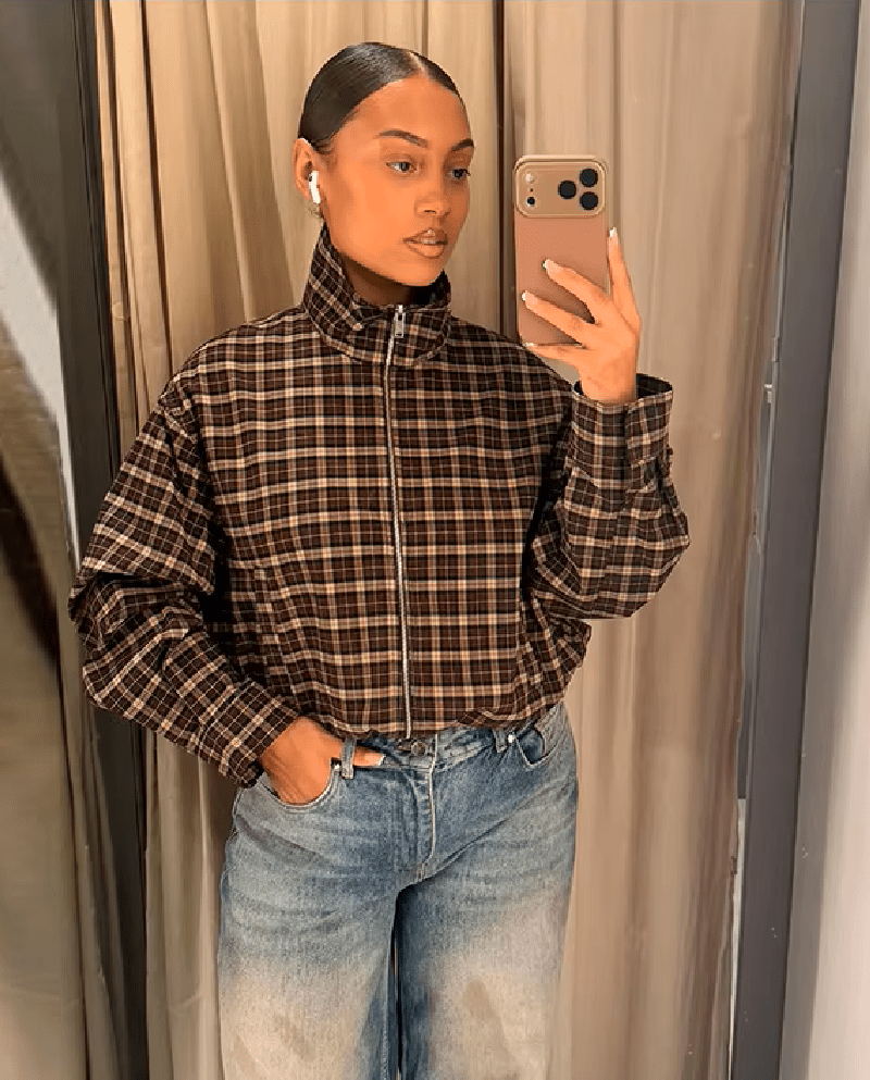 Eva High Collar Checked Zip Jacket