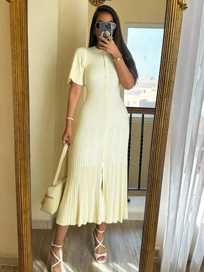 SOKYND Aneyla Bell Sleeve Pleated Knit Midi Dress DressBeigeM