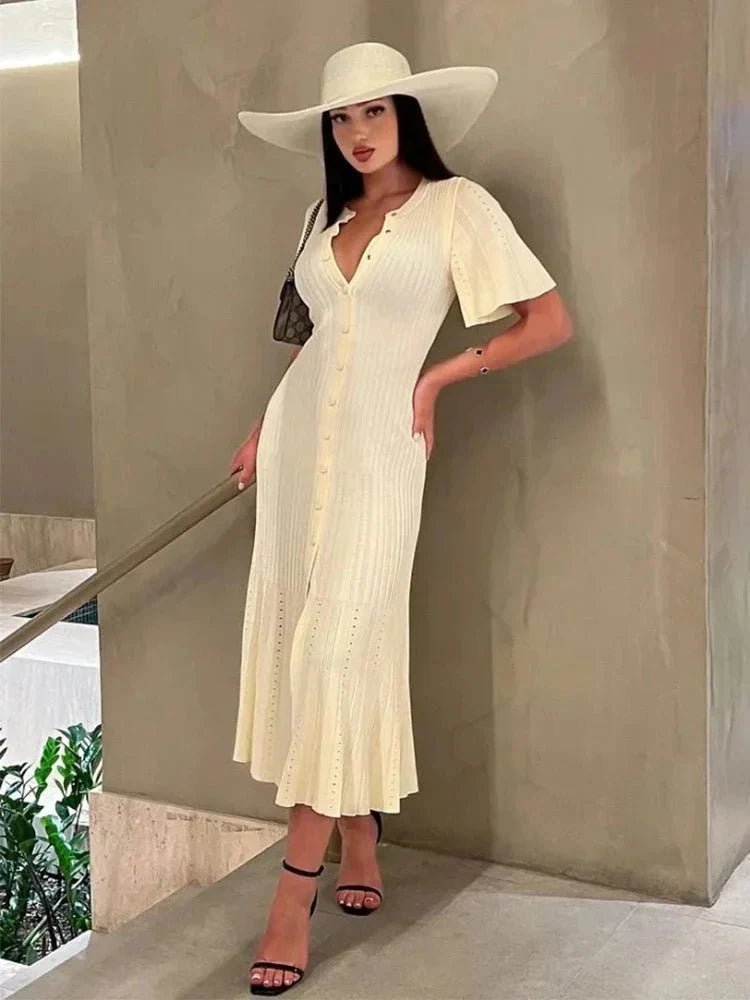 SOKYND Aneyla Bell Sleeve Pleated Knit Midi Dress DressBeigeM