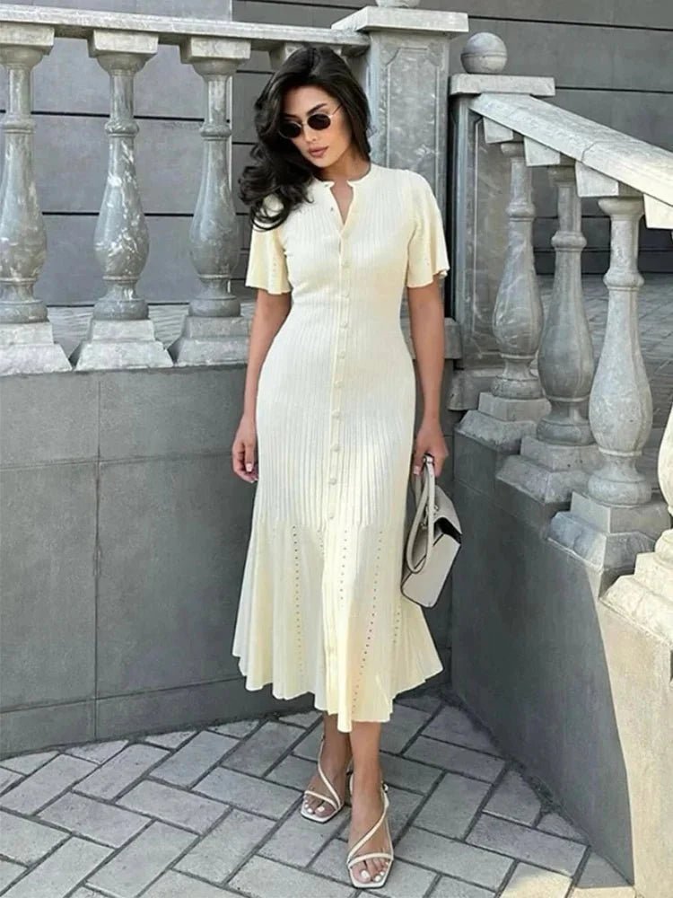 SOKYND Daniela Bell Sleeve Pleated Knit Midi Dress DressesSOKYND-493911-BEI-S-33431BeigeS