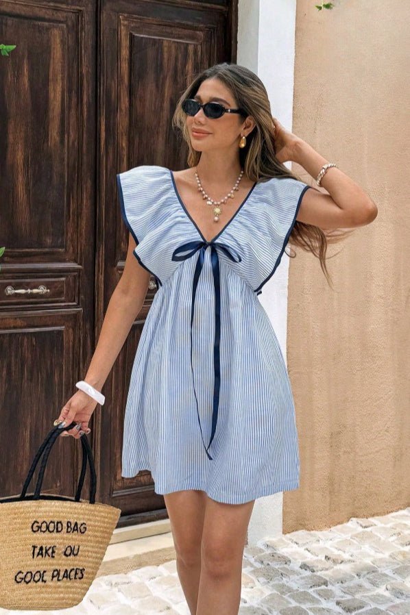 SOKYND Anya Striped V - Neck Ruffle Mini Dress DressBlueS