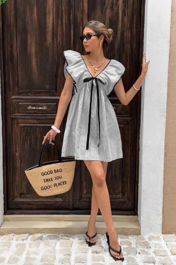 SOKYND Anya Striped V - Neck Ruffle Mini Dress DressGreenS