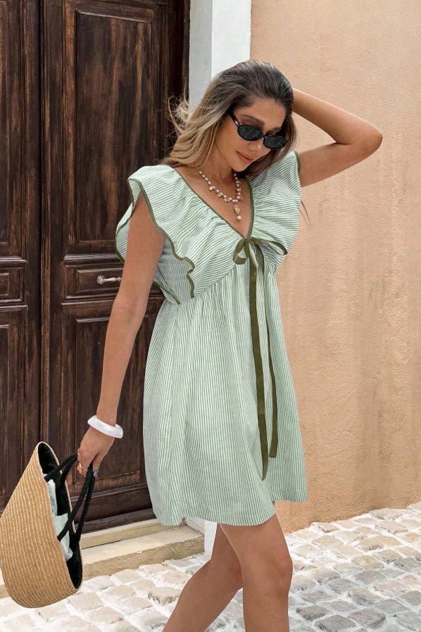SOKYND Anya Striped V - Neck Ruffle Mini Dress DressGreenS