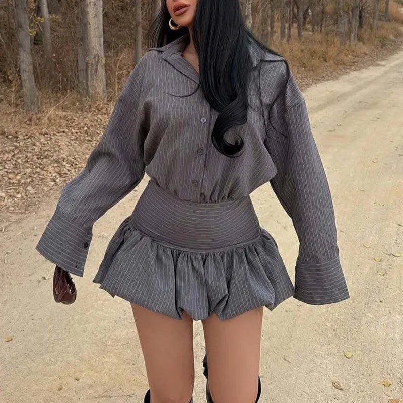 SOKYND Audrey Striped Shirt & Mini Skirt Set DressSOKYND-008855-GRE-S-48887GreyS